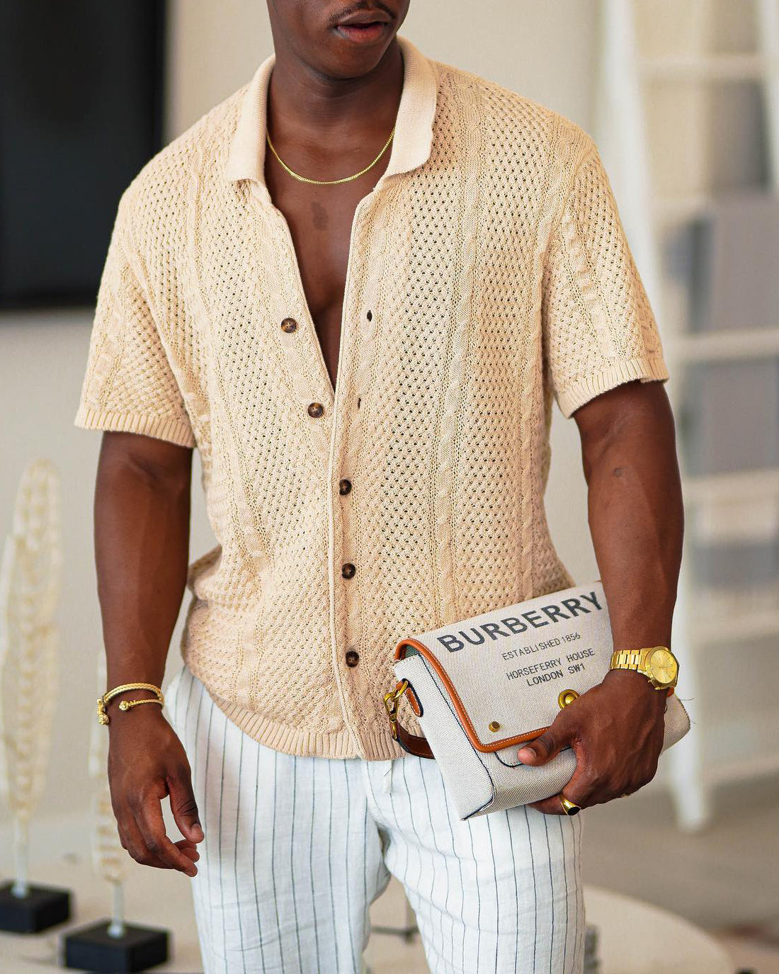 Chemise beige à manches courtes pour homme, tendance et décontractée