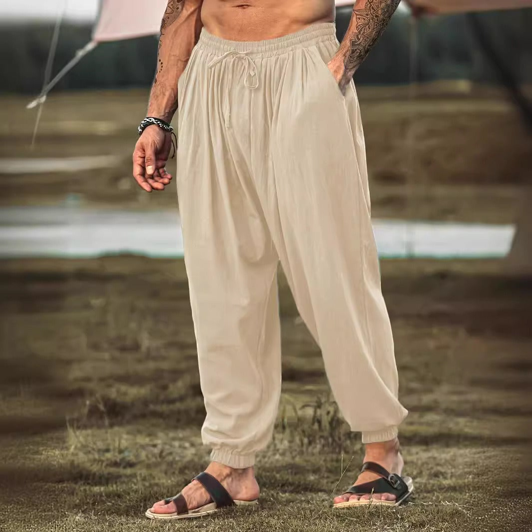 Men's fashionable and casual solid-colored cotton and linen trousers