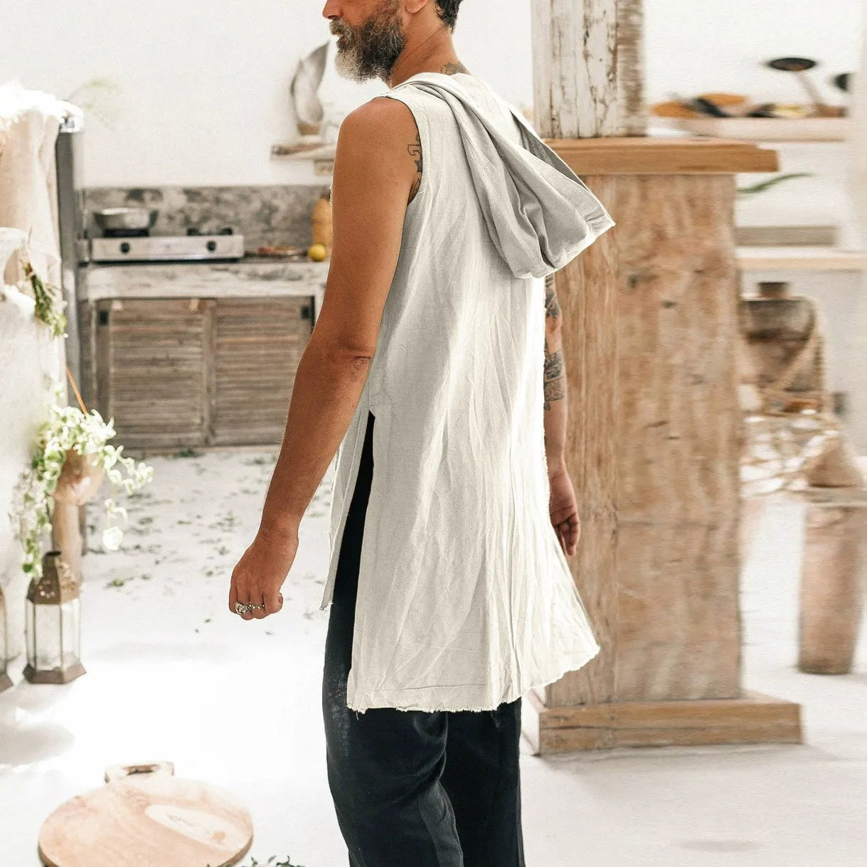 Men's summer sleeveless cotton and linen hooded vest