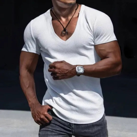 Men's fashionable casual solid-color V-neck T-shirt
