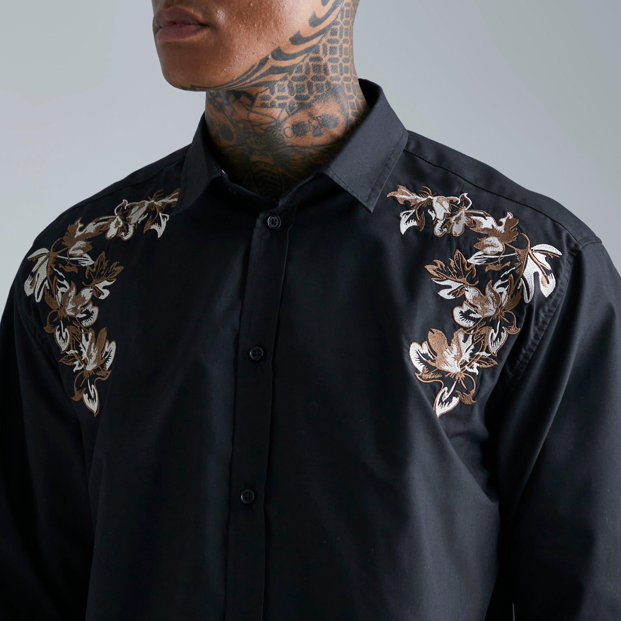 Men's fashionable casual long-sleeved shirt with floral prints