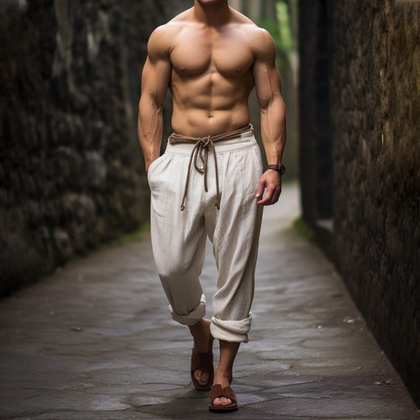 Men's fashionable and casual Bohemian-style cotton and linen trousers
