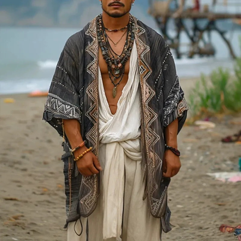 Men's fashionable casual geometric printed long gown coat