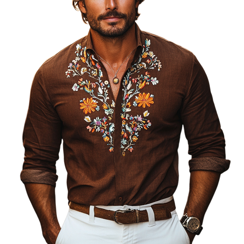 Chemise décontractée à manches longues en coton et lin pour homme, style vintage, brodée