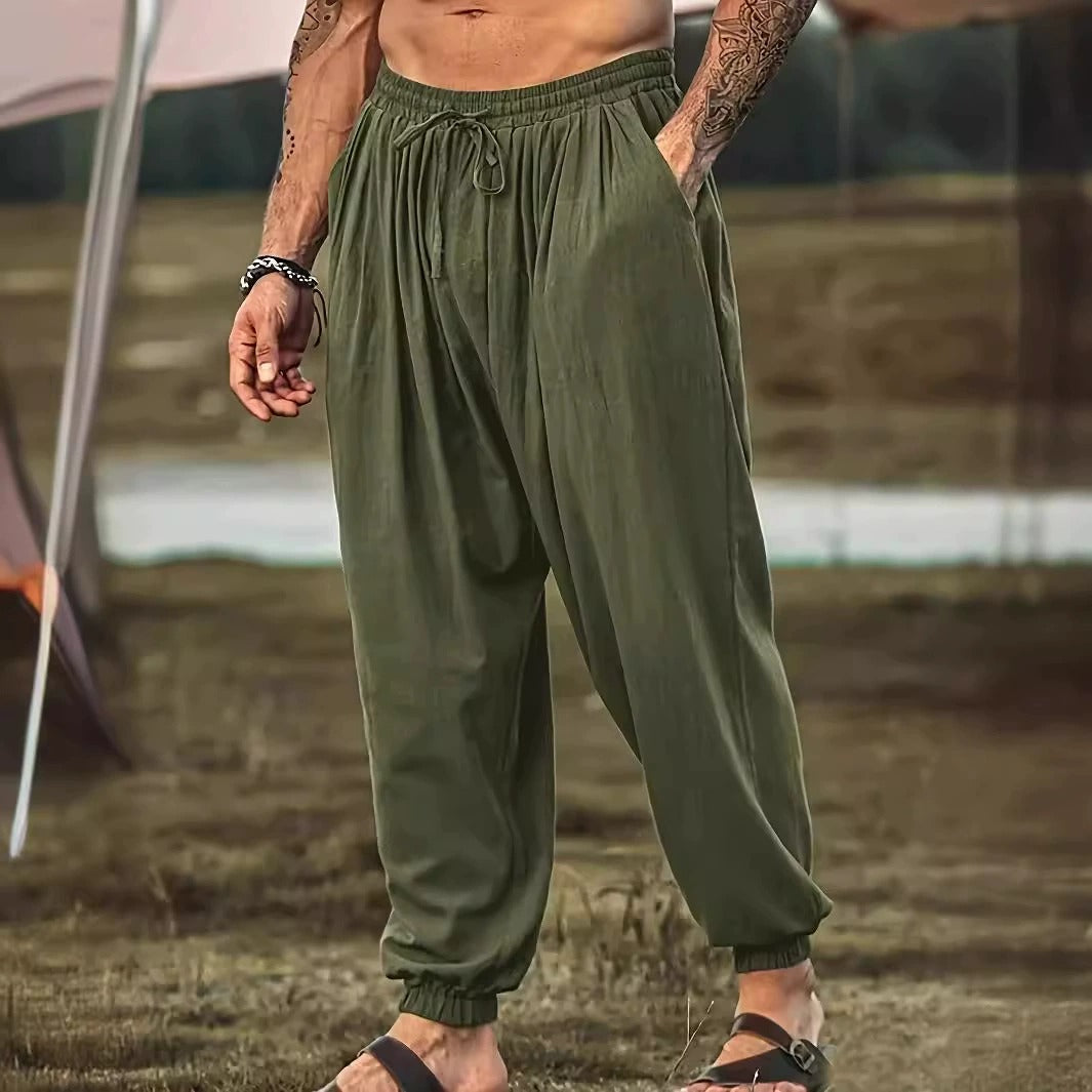Men's fashionable and casual solid-colored cotton and linen trousers