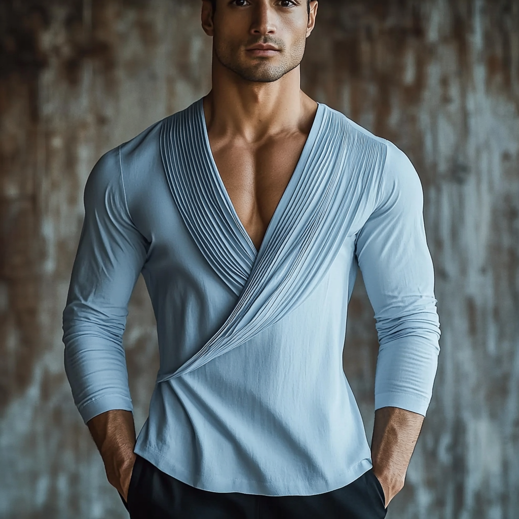 Men's fashionable casual light blue pleated V-neck long-sleeved top