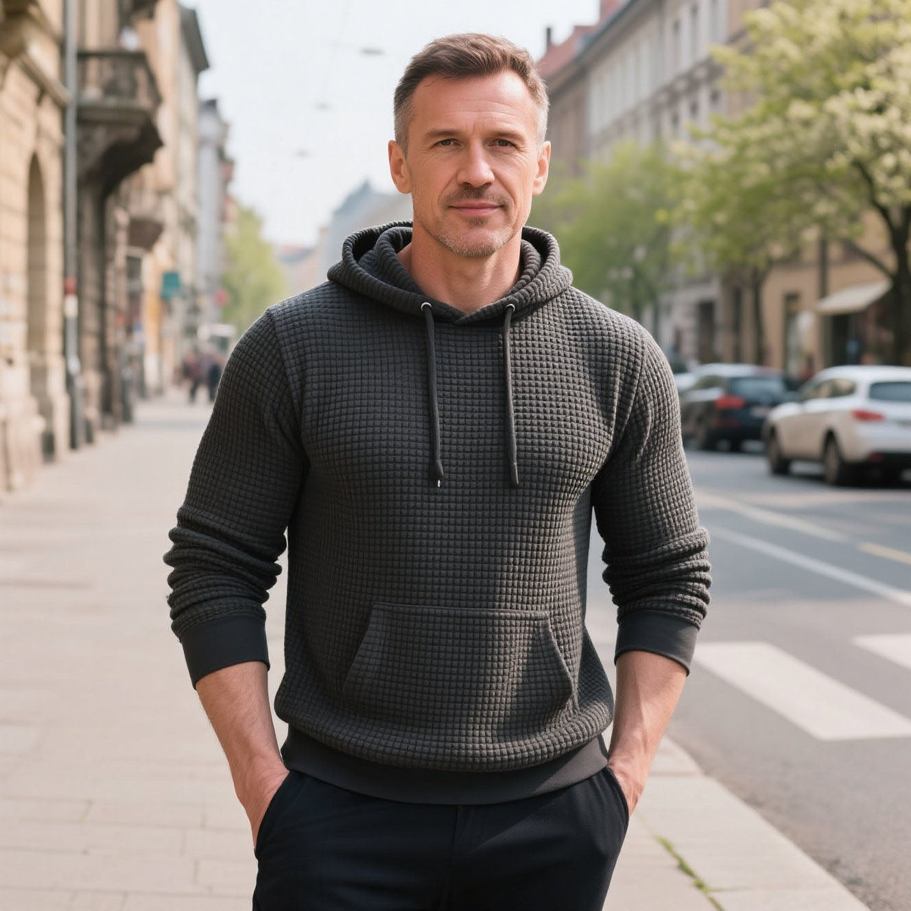 Men's fashionable casual waffle hooded sweatshirt