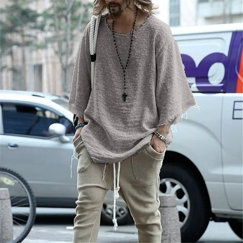Men's long-sleeved solid-color top and trendy loose T-shirt