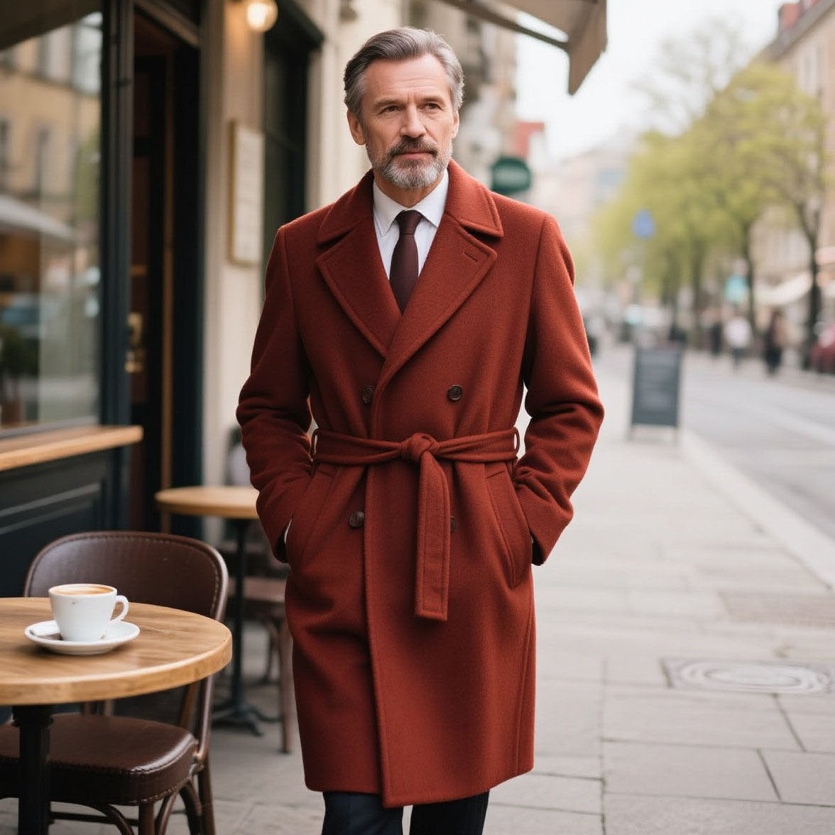 Men's fashionable and casual brown long-sleeved overcoat