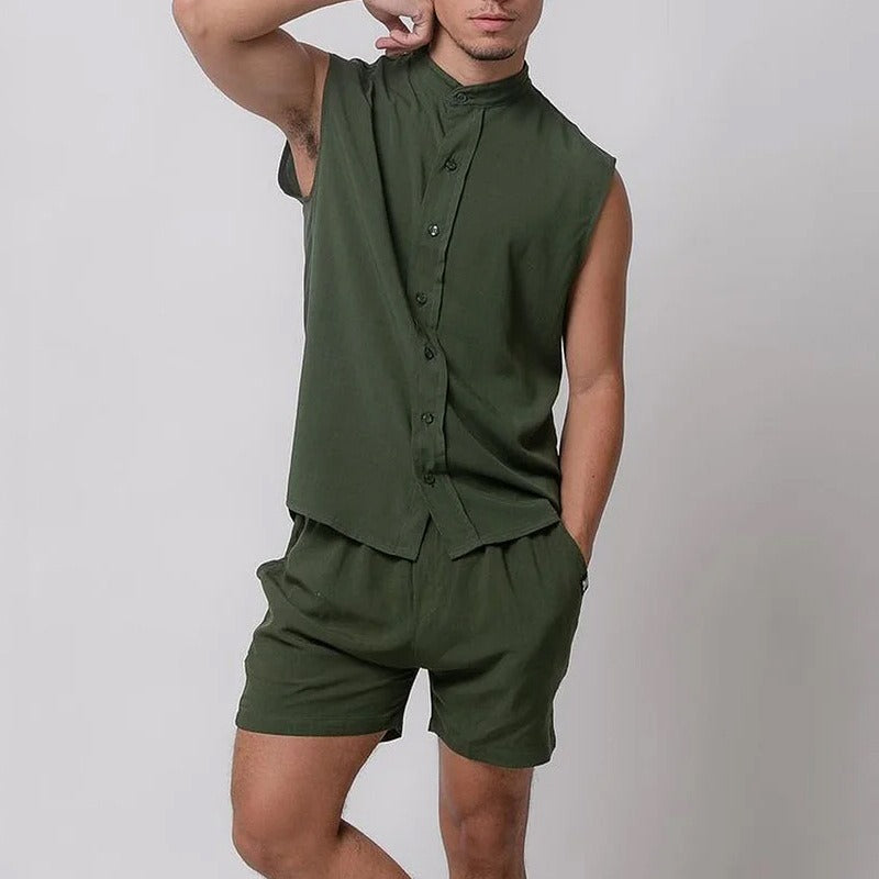 A two-piece set of men's fashionable and casual solid-color vests