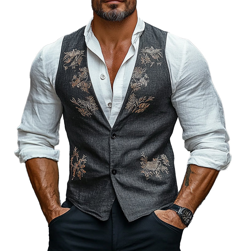 Gilet brodé floral vintage pour homme
