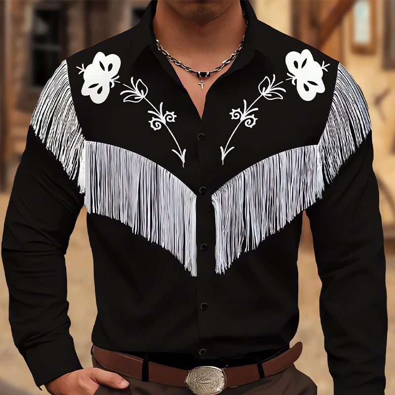 Men's Vintage Embroidered Tassel Long Sleeve Cotton Shirt