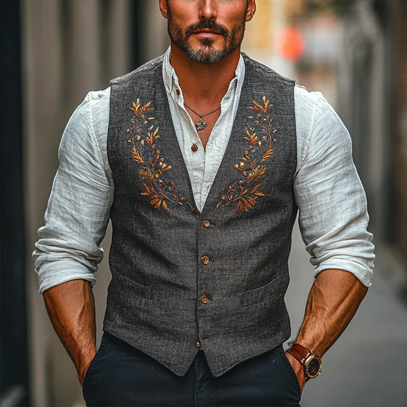 Gilet col en V brodé de fleurs pour homme
