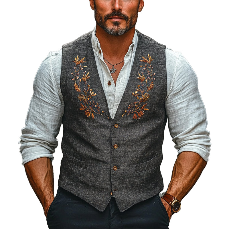 Gilet col en V brodé de fleurs pour homme