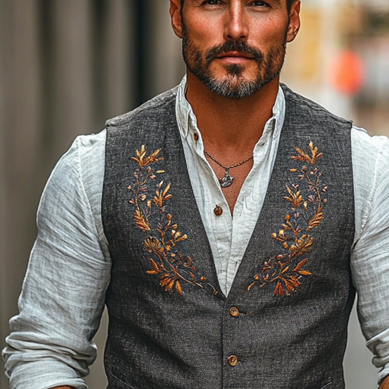 Gilet col en V brodé de fleurs pour homme