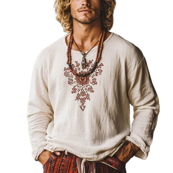 Men's Bohemian Holiday Style Vintage Linen Printed Casual Long Sleeve Top