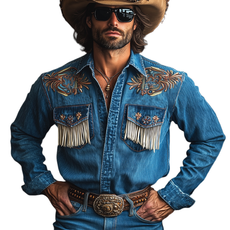 Chemise en jean western vintage bleu foncé à pompons brodés pour homme