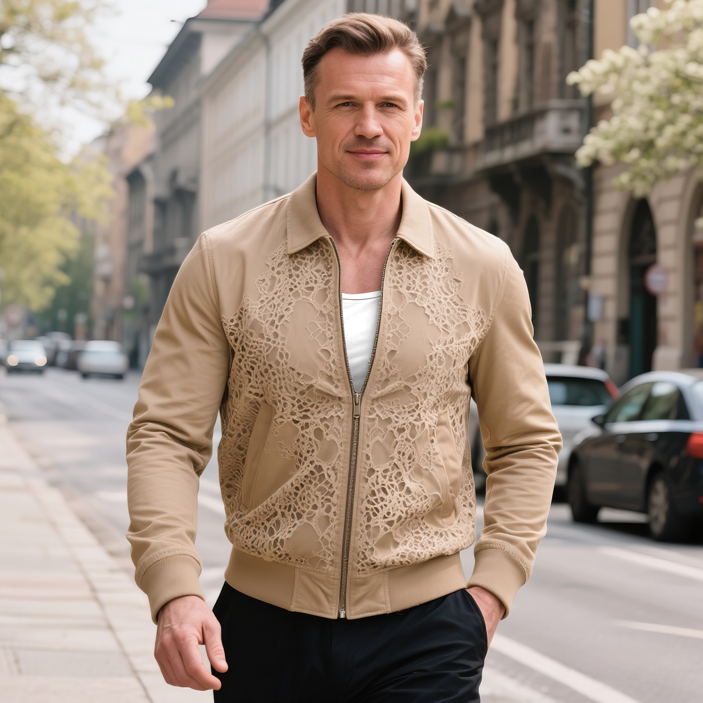 Men's fashionable and casual white lace jacket