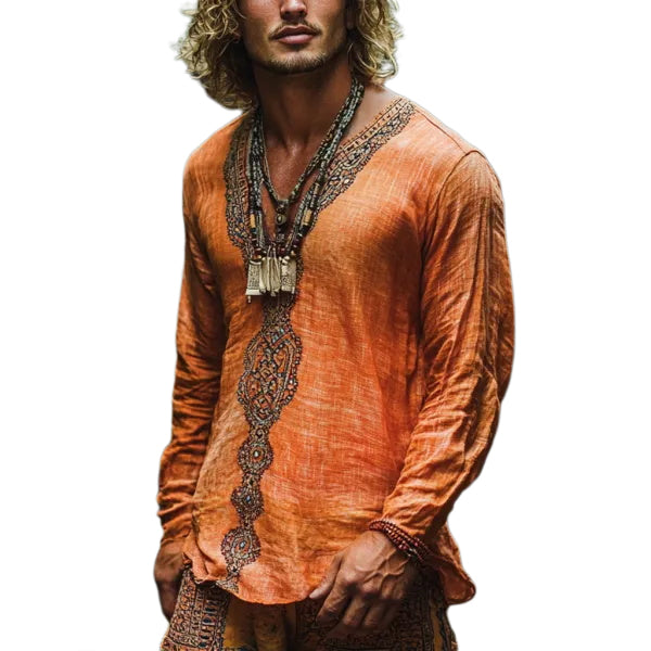 Men's Bohemian Holiday Style Vintage Printed Casual Long Sleeve Top