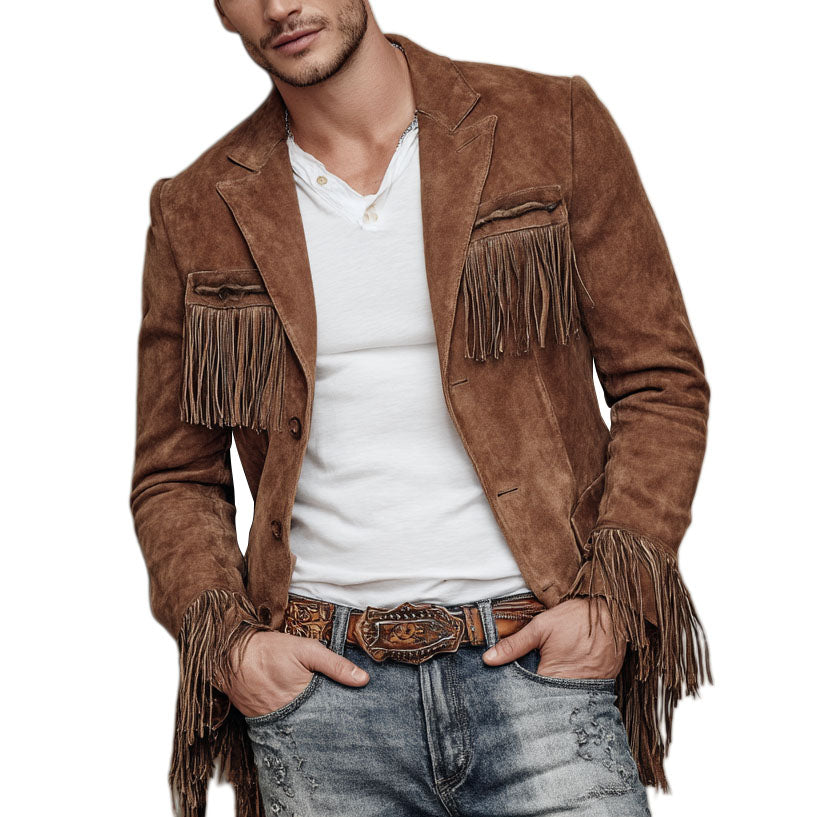 Men's fashionable casual warm brown fringed suit jacket
