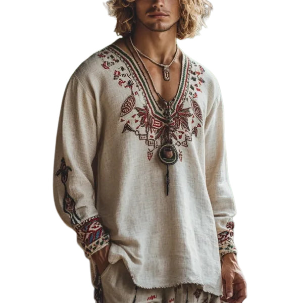 Men's Bohemian Holiday Style Vintage Linen Printed Casual Long Sleeve Top