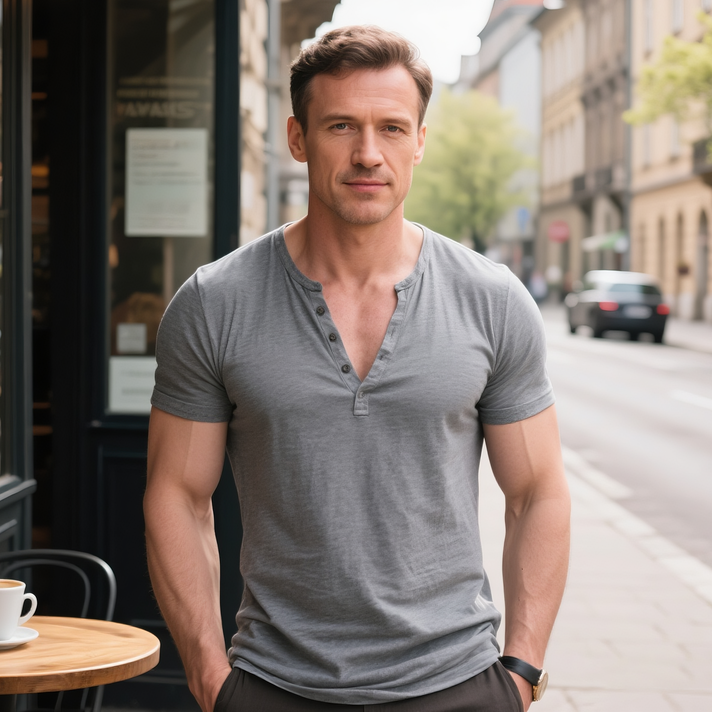 Chemise Henry décontractée à manches courtes et col en V pour homme
