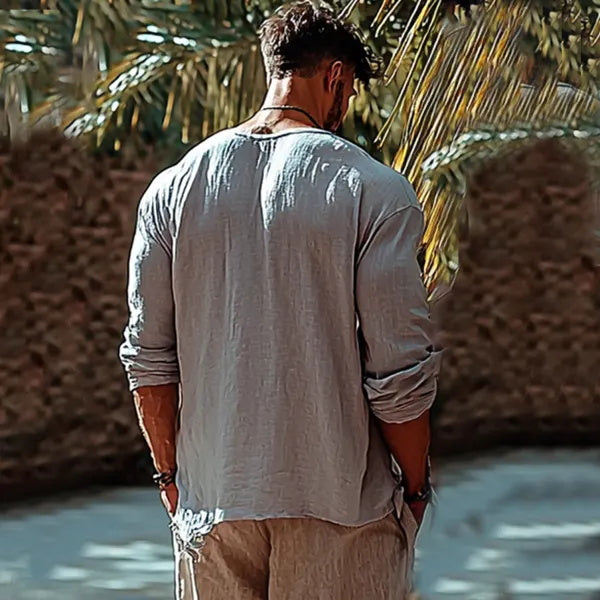 Herren-Oberteil im Bohemian-Urlaubsstil, Vintage-Stil, bedrucktes Leinen, lässig, langärmelig