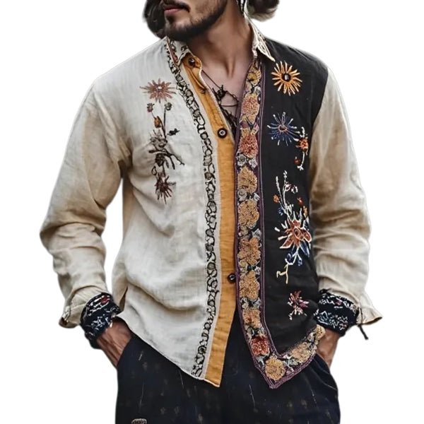 Herrenhemd aus Leinenmischung mit Blumenstickerei und Boho-Hippie-Print in Kontrastfarbe
