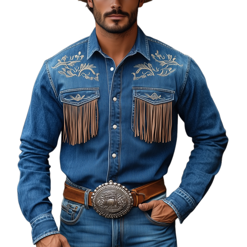 Chemise en jean western vintage bleu foncé à pompons brodés pour homme