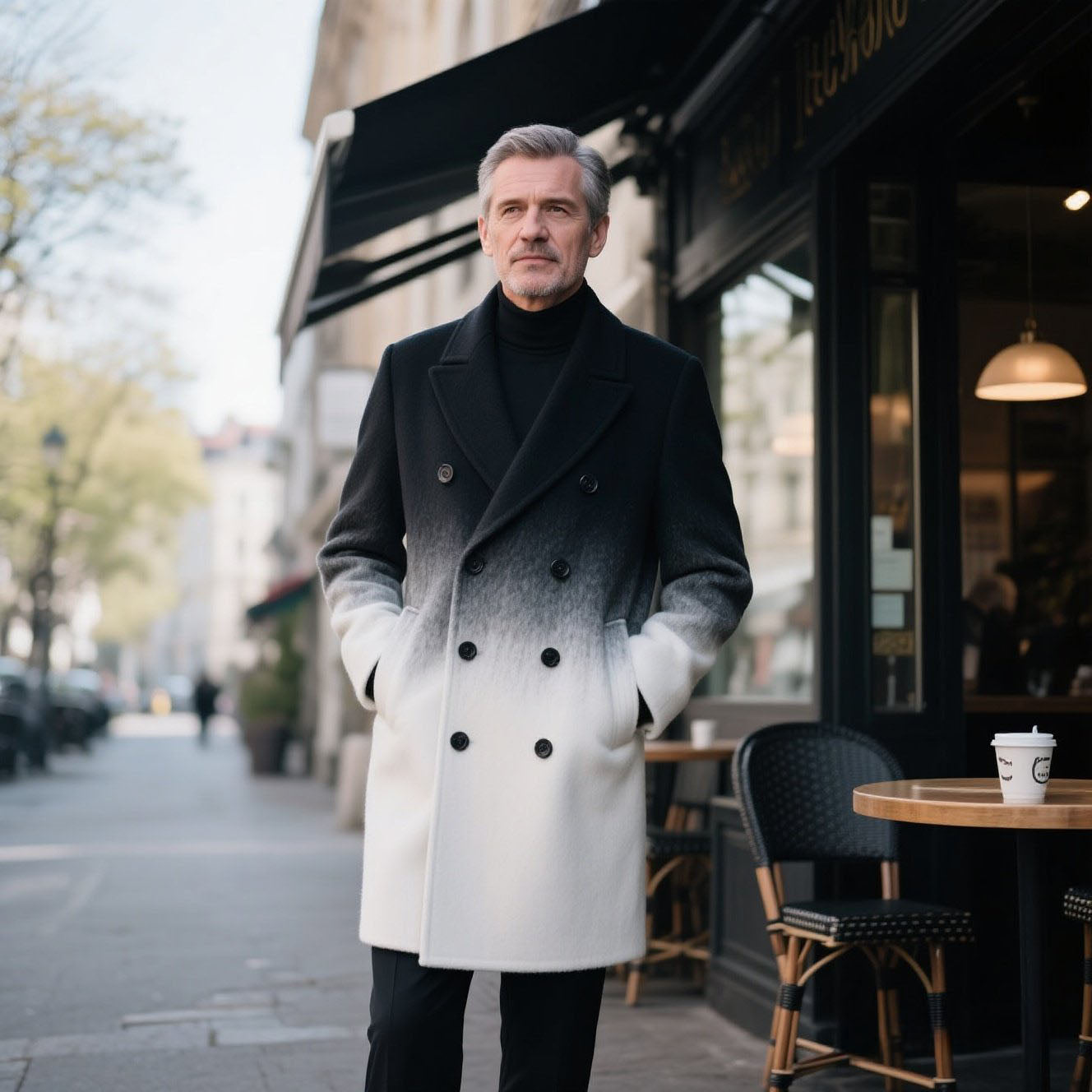 Men's fashionable and casual black and white gradient coat