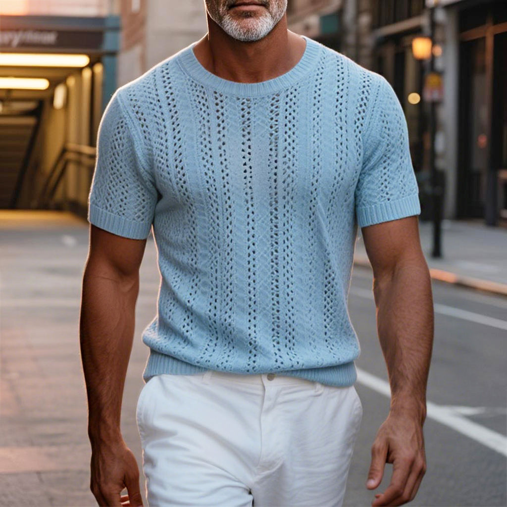 Men's fashionable casual blue perforated T-shirt