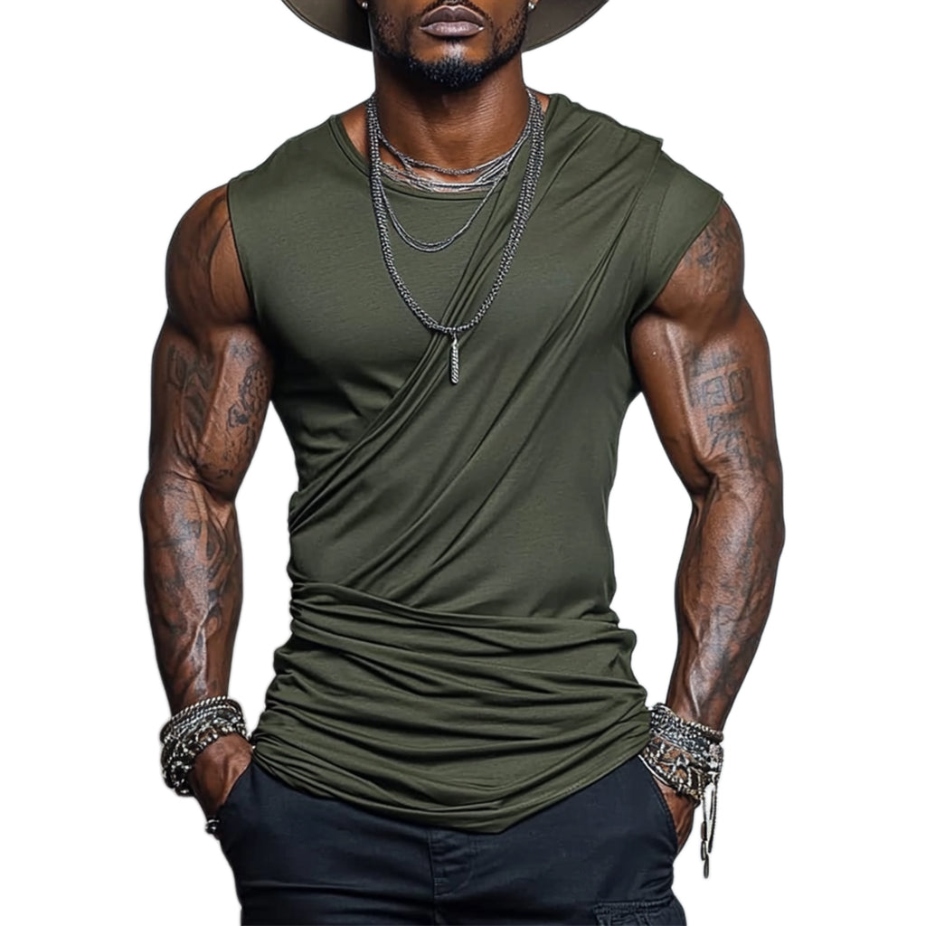 Men's fashionable and casual dark green pleated vest top