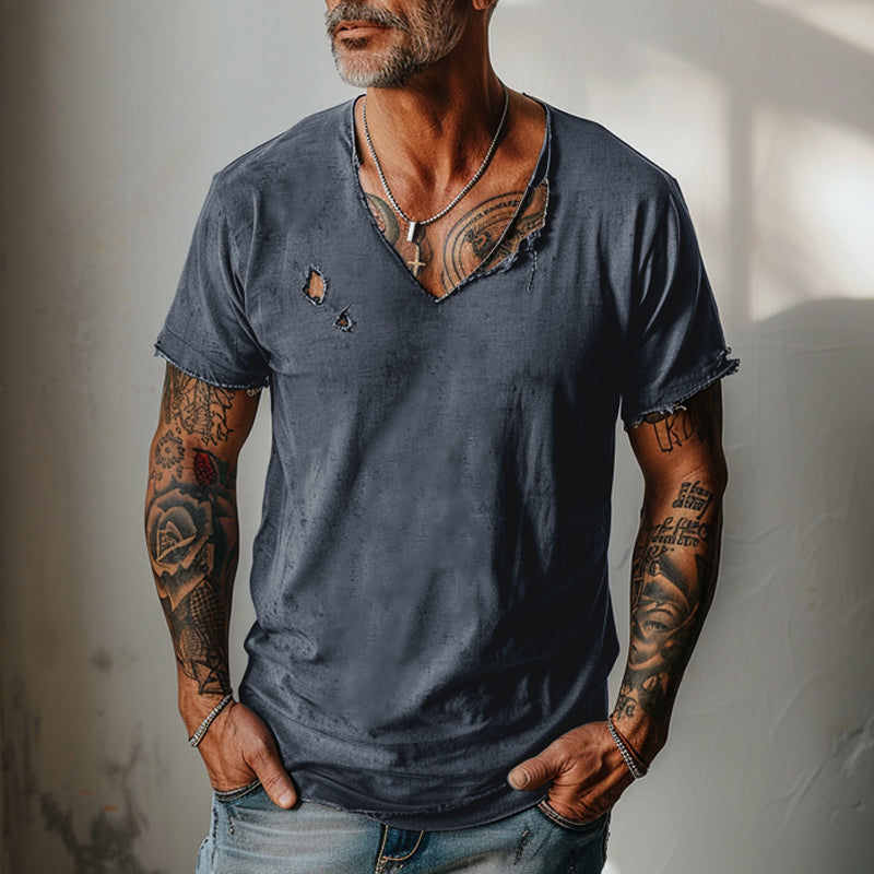 Men's Distressed Ripped Raw Edge V-Neck Short-Sleeved T-Shirt