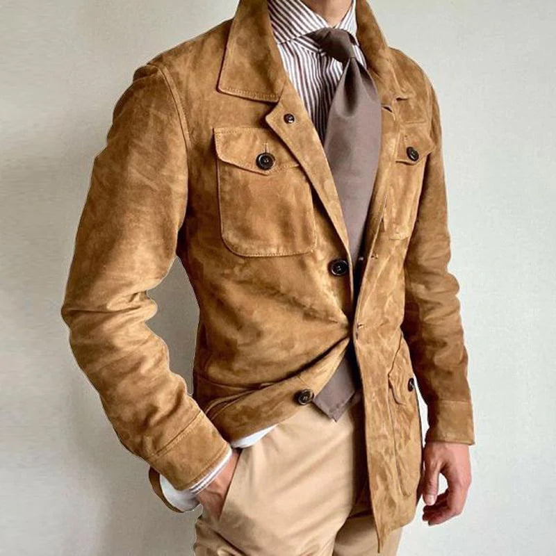 Men's Vintage Solid Suede Lapel Multi-Pocket Jacket