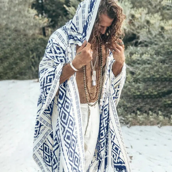 Cape à capuche en lin à imprimé totem pour homme