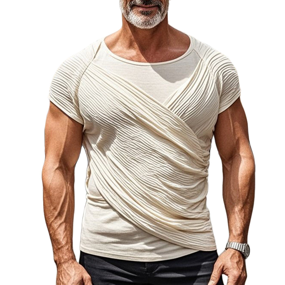 Men's fashionable casual beige pleated short-sleeved T-shirt