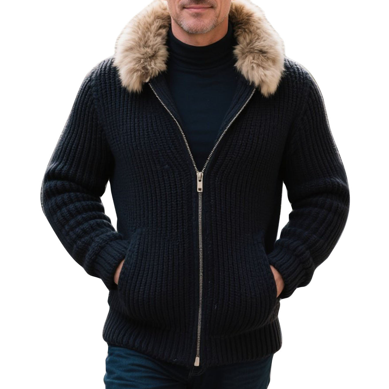 Men's fashionable casual black woolen collared zipper sweater cardigan