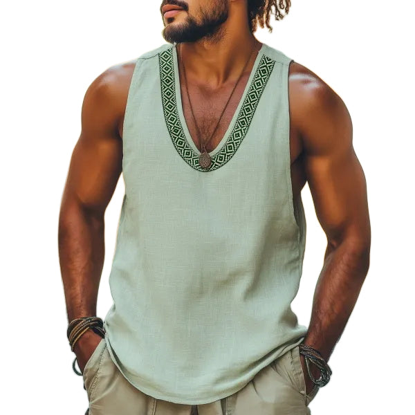 Men's Retro Casual Embroidered Linen Vest