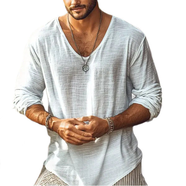 Men's Basic V-Neck Breathable Linen Long Sleeve Shirt