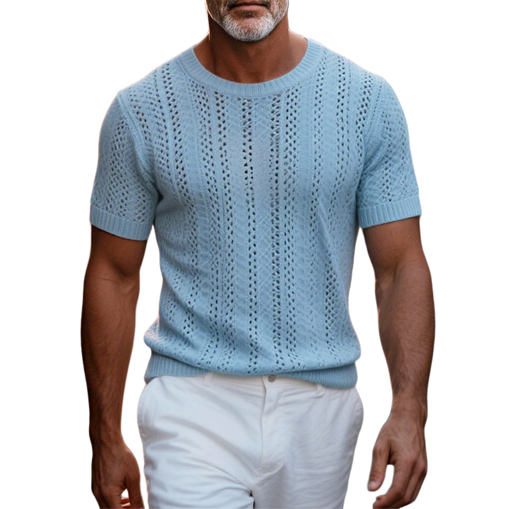 Men's fashionable casual blue perforated T-shirt