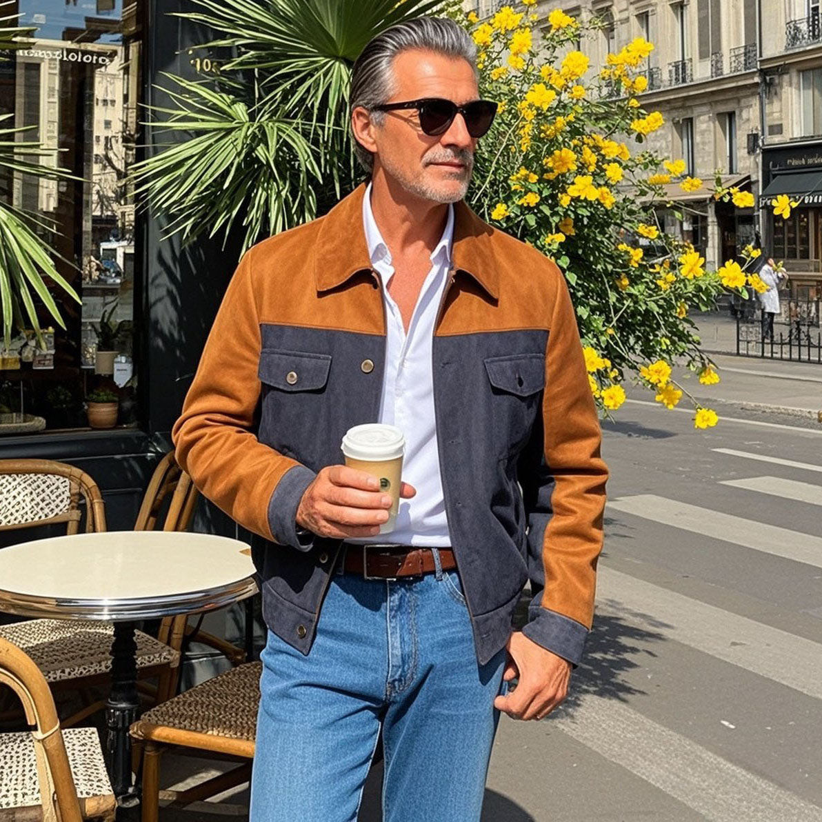 Men's fashionable casual brown two-tone suede jacket