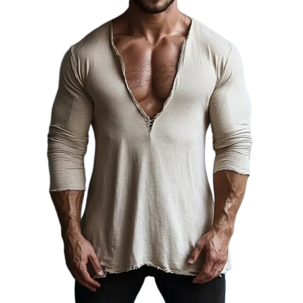 Men's Casual V-neck Comfortable Breathable Linen Long Sleeve T-shirt Pullover Top