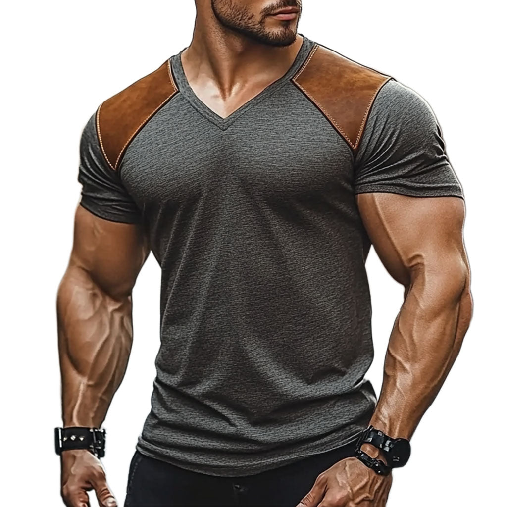 Modisches Casual Dunkelgraues Patchwork Leder Kurzarm T-Shirt für Herren