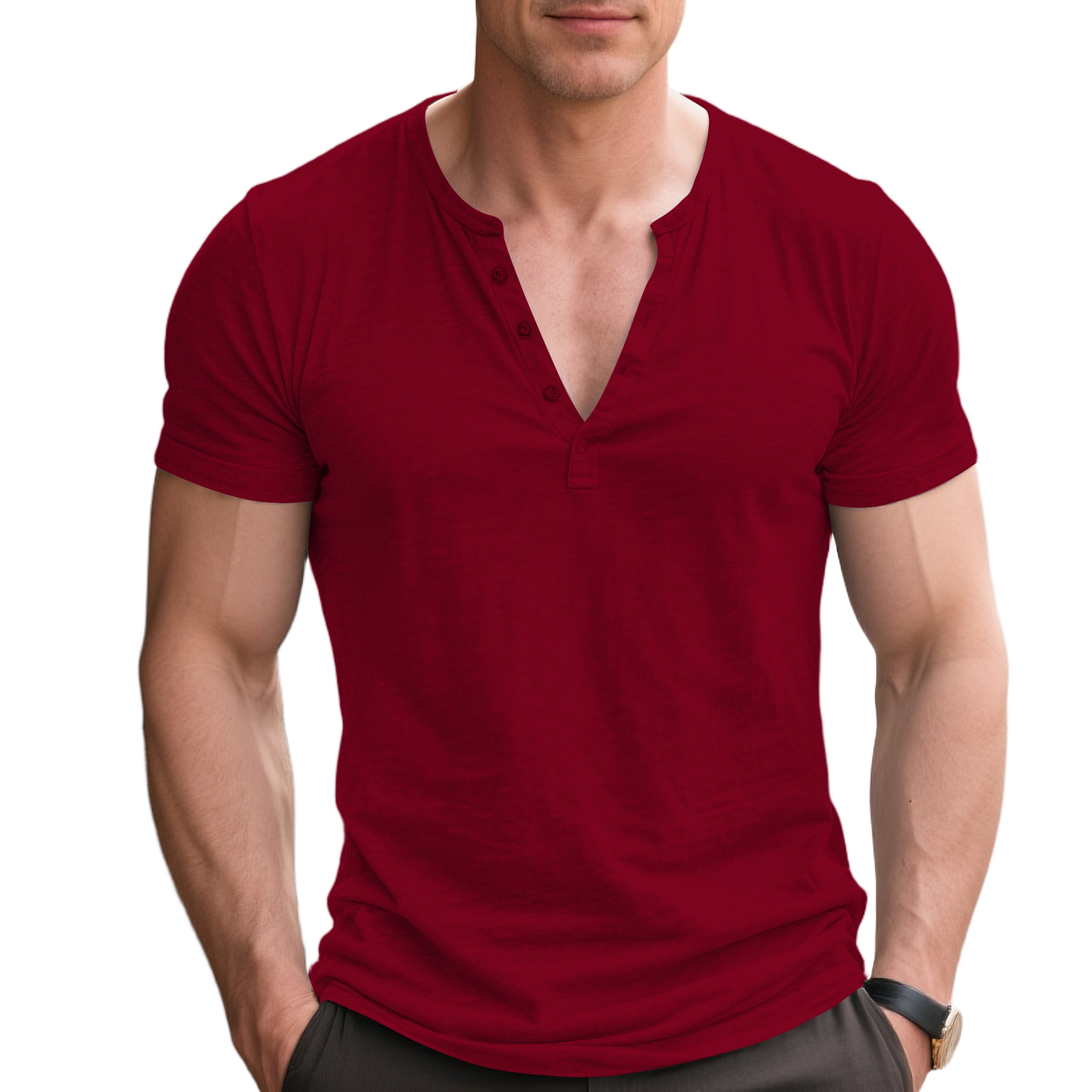 Chemise Henry décontractée à manches courtes et col en V pour homme