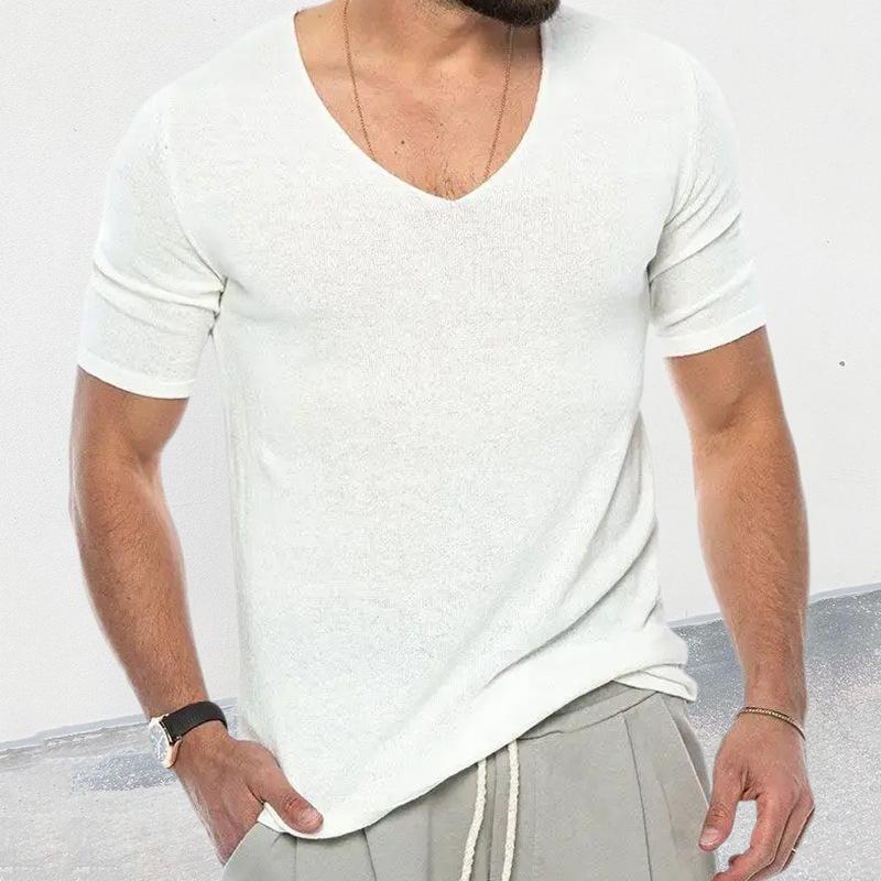 Pull décontracté en tricot à manches courtes et col en V pour homme, couleur unie