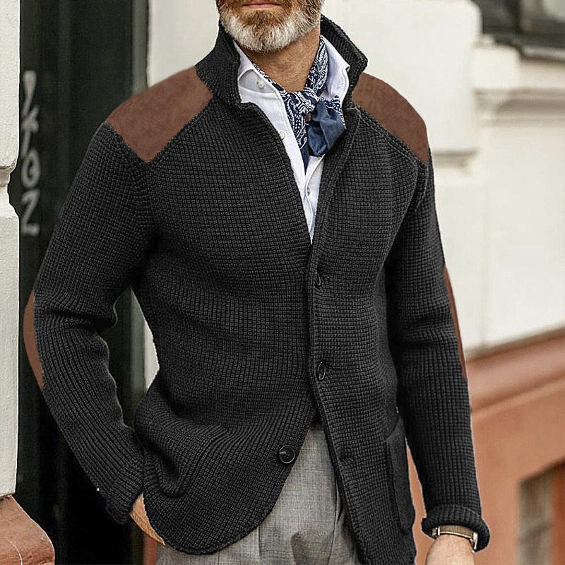Men's Vintage Stand Collar Patchwork Slim Long Sleeve Knitted Blazer