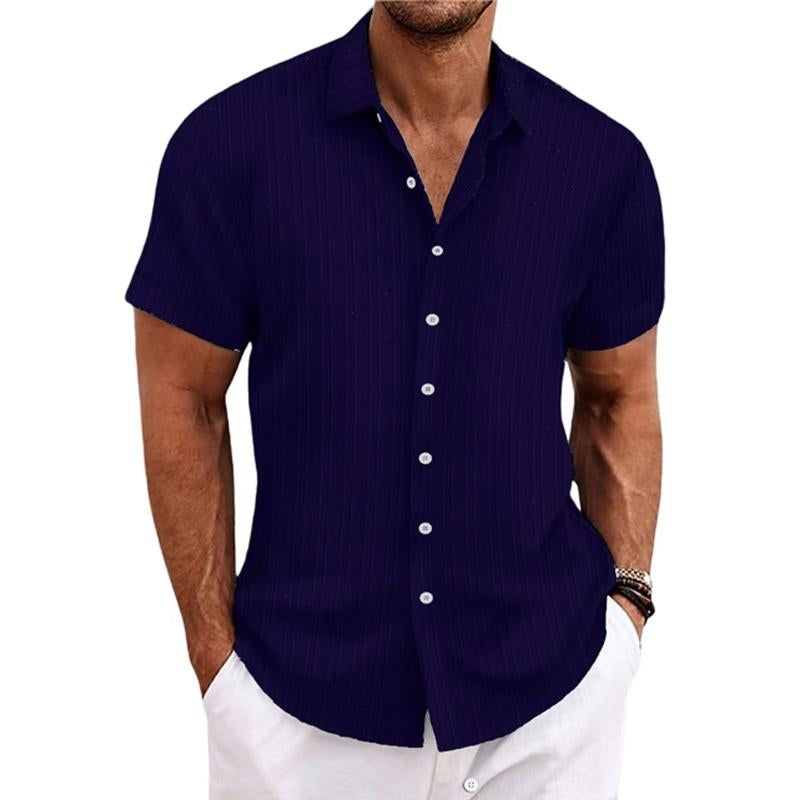 Men's Cotton Linen Stripe Print Loose Short Sleeve Lapel Shirt