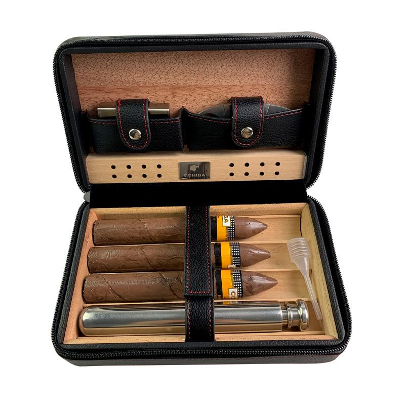 Men's Portable Cigar Humidor Leather Set Storage Bag