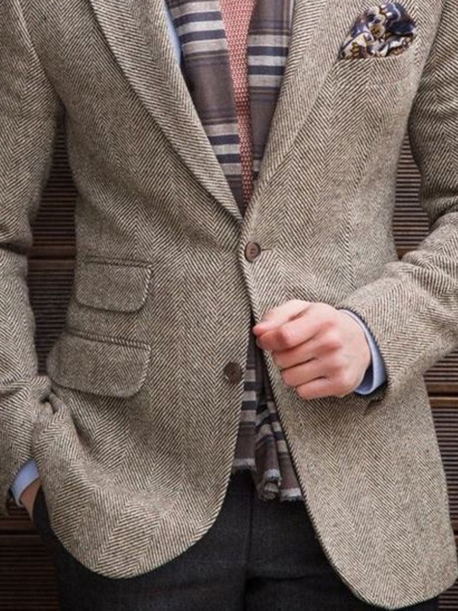 Blazer vintage à chevrons, à revers, multi-poches et à simple boutonnage