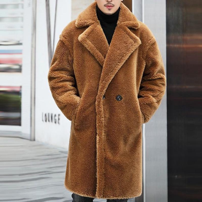 Manteau long en peluche à revers pour homme, couleur unie et chaud